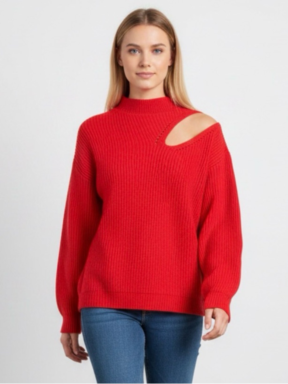 ASTR Women's Red Cutout Shoulder Ribbed Sweater XL